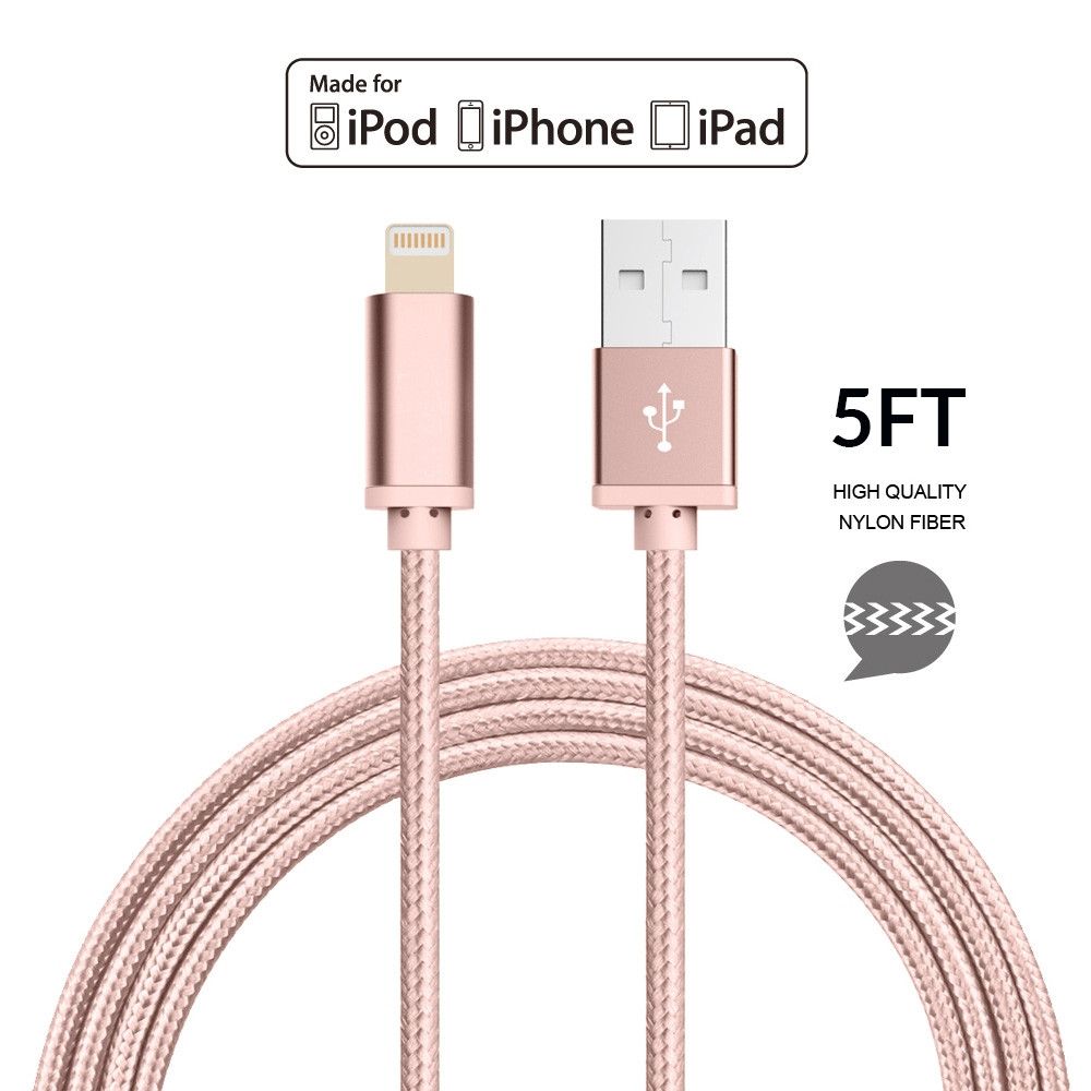 Apple iPhone 7 Plus -   Apple MFI Certified 8-Pin Lightning to USB Sync and Charge Heavy Duty Nylon Cable 5ft., Rose Gold