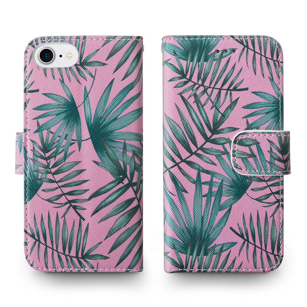 Apple iPhone 6 -  Palm Leaves Printed Wallet with Matching Detachable Slim Case and Wristlet, Pink/Green