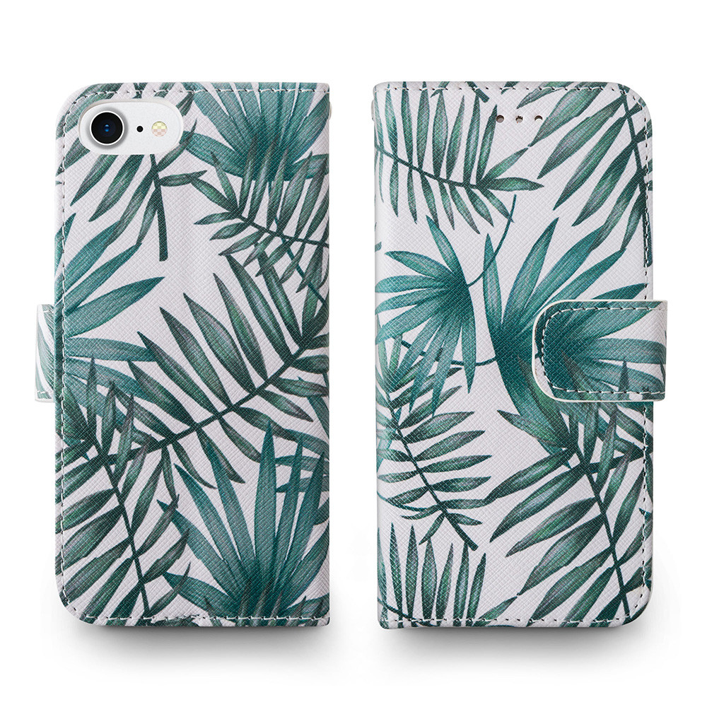 Apple iPhone 6 -  Palm Leaves Printed Wallet with Matching Detachable Slim Case and Wristlet, White/Green