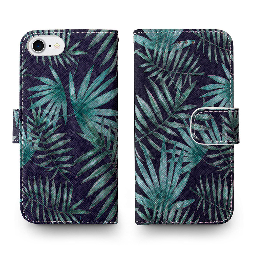 Apple iPhone 6 -  Palm Leaves Printed Wallet with Matching Detachable Slim Case and Wristlet, Navy Blue/Green