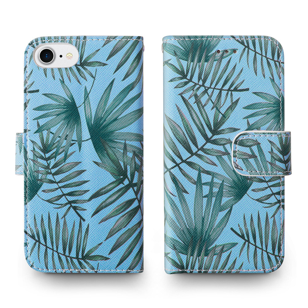 Apple iPhone 6 -  Palm Leaves Printed Wallet with Matching Detachable Slim Case and Wristlet, Light Blue/Green