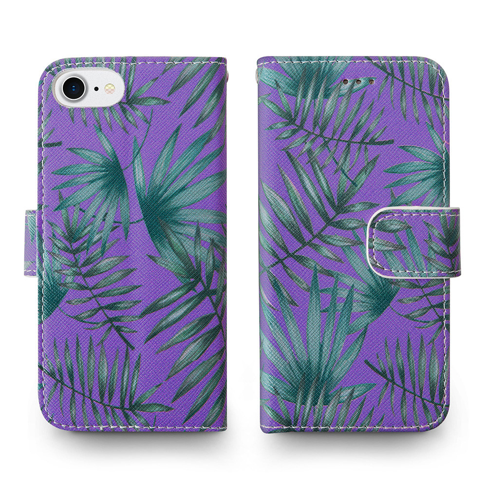 Apple iPhone 6 -  Palm Leaves Printed Wallet with Matching Detachable Slim Case and Wristlet, Purple/Green