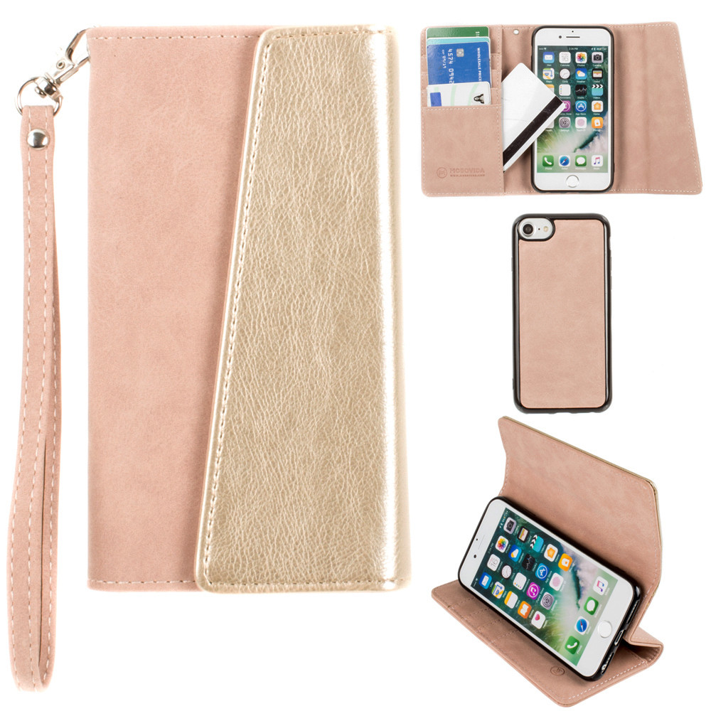 Apple iPhone 6 -  UltraSuede Metallic Color Block Flap Wallet with Matching detachable Case and strap, Dusty Pink/Gold