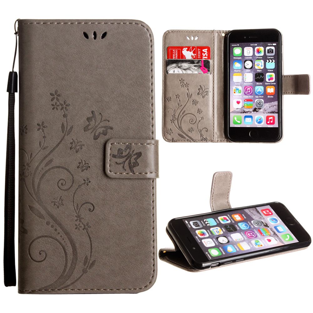 Apple iPhone 6 -  Embossed Butterfly Design Leather Folding Wallet Case with Wristlet, Gray