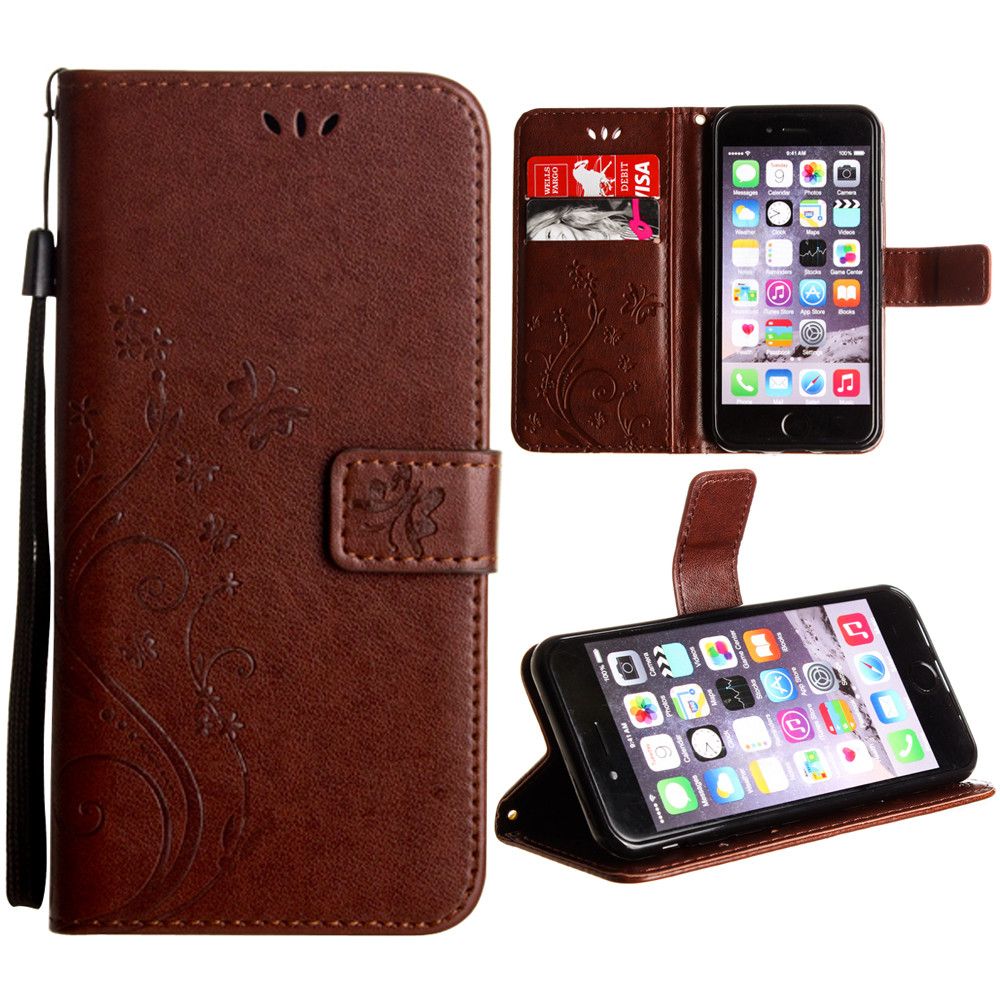 Apple iPhone 6 -  Embossed Butterfly Design Leather Folding Wallet Case with Wristlet, Coffee