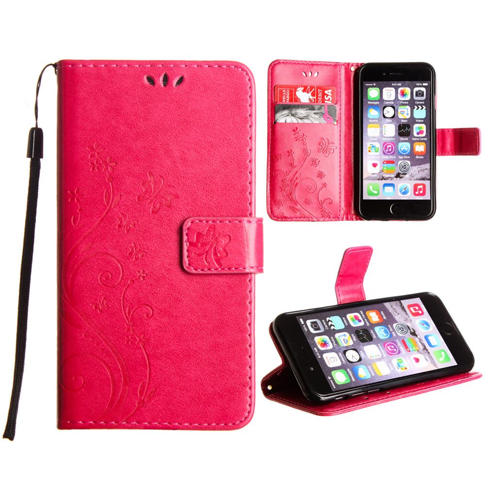 Apple iPhone 6 -  Embossed Butterfly Design Leather Folding Wallet Case with Wristlet, Hot Pink