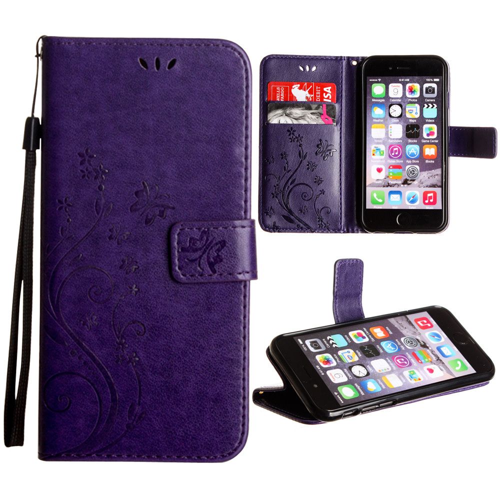 Apple iPhone 6 -  Embossed Butterfly Design Leather Folding Wallet Case with Wristlet, Purple