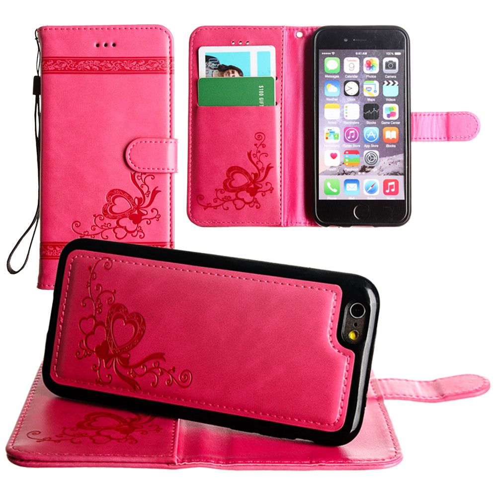 Apple iPhone 6 -  Embossed heart vine design wallet case with detachable matching case, Hot Pink