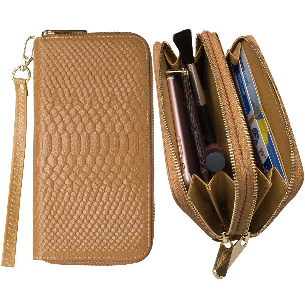Apple iPhone 6 -  Genuine Leather Hand-Crafted Snake-Skin Double Zipper Clutch Wallet, Beige