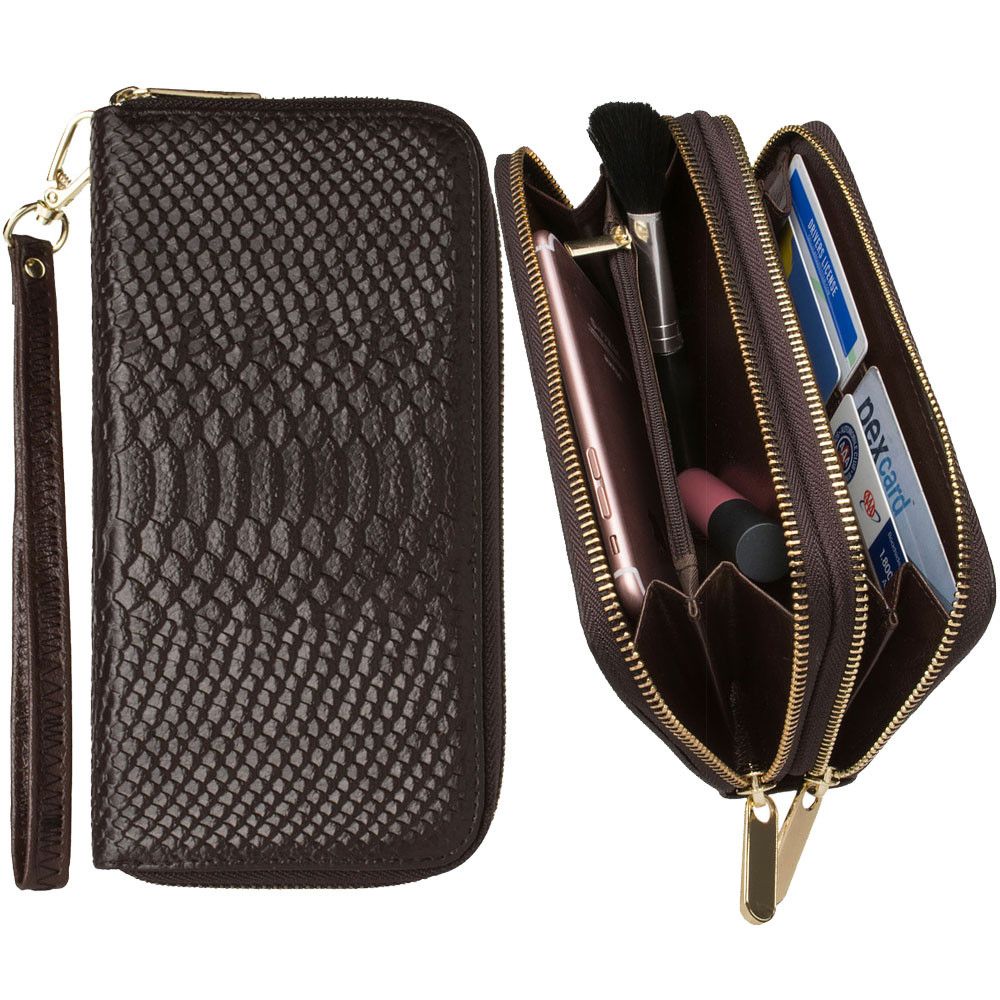 Apple iPhone 6 -  Genuine Leather Hand-Crafted Snake-Skin Double Zipper Clutch Wallet, Cocoa Brown