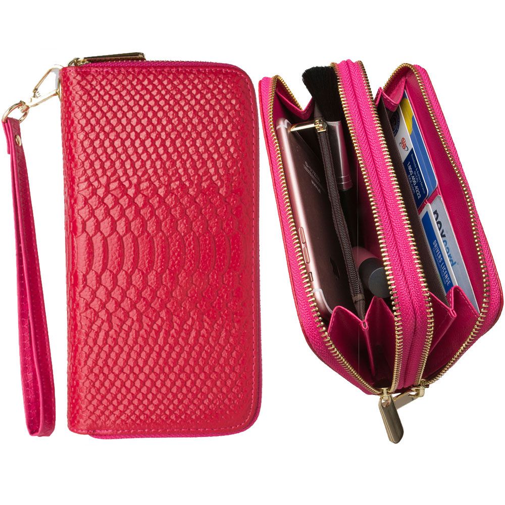 Apple iPhone 6 -  Genuine Leather Hand-Crafted Snake-Skin Double Zipper Clutch Wallet, Hot Pink