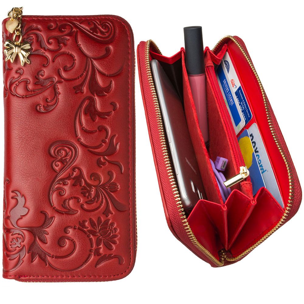 Apple iPhone 6 -  Genuine Leather Hand-Crafted Floral Clutch Wallet, Red
