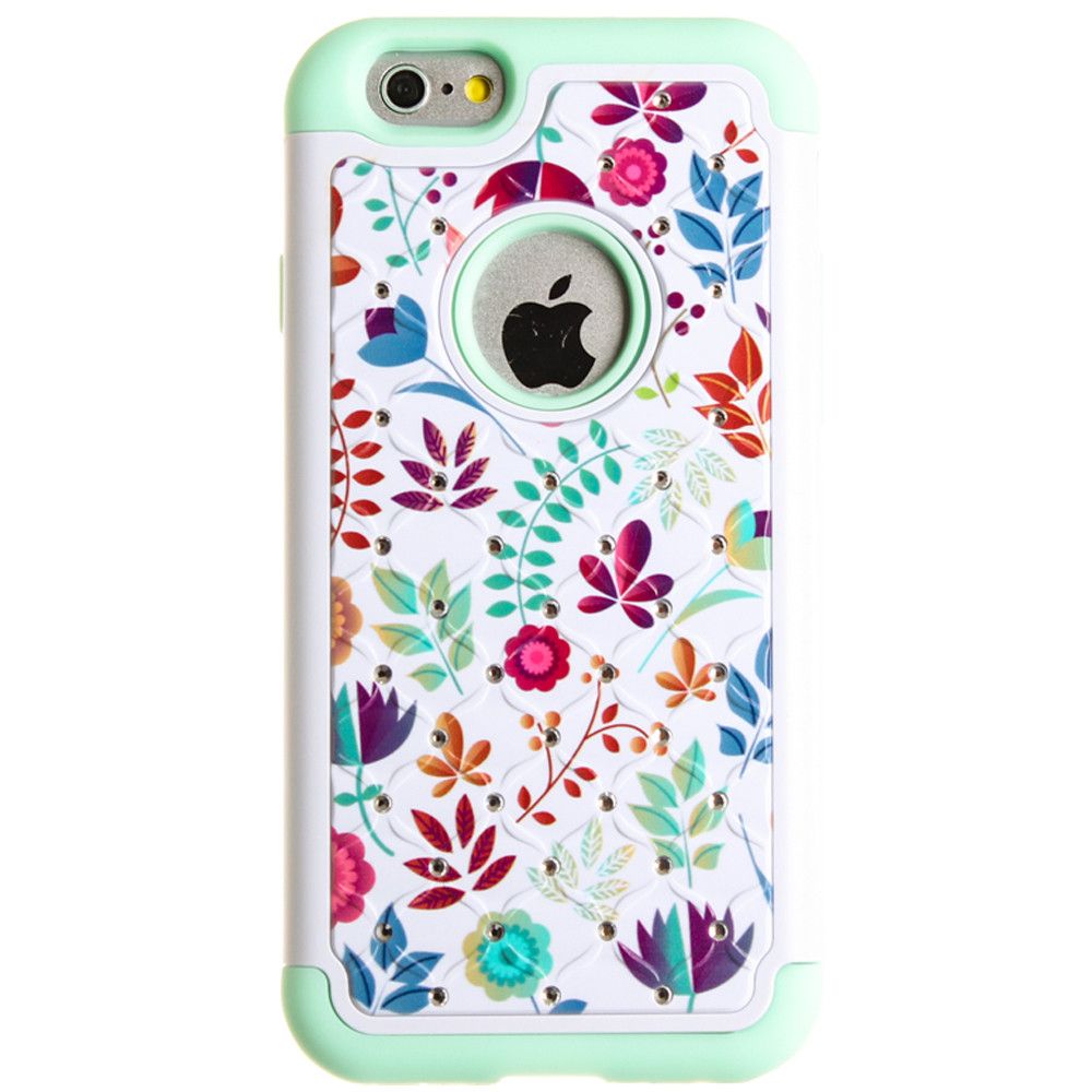 Apple iPhone 6/6s - Spring Flowers Studded Diamond Rugged Case, Mint