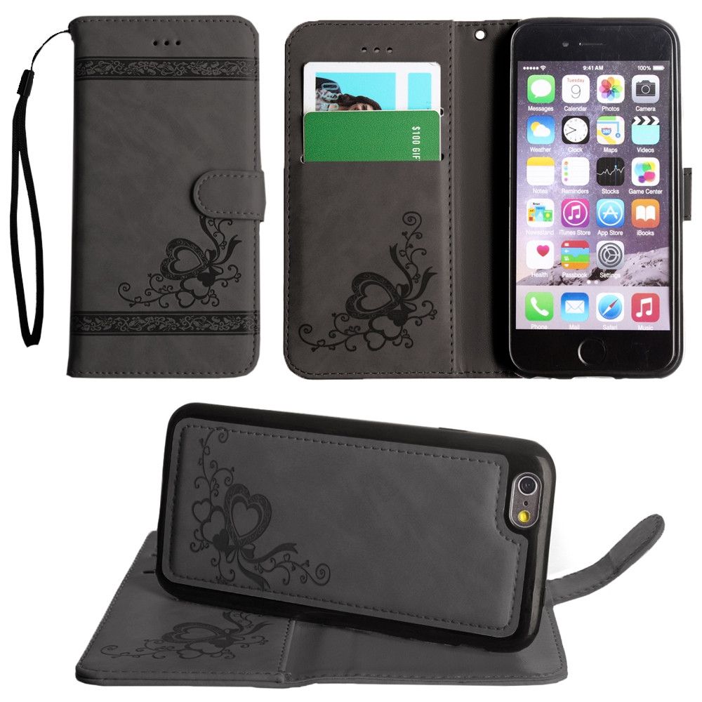 Apple iPhone 6 -  Embossed heart vine design wallet case with detachable matching case, Gray