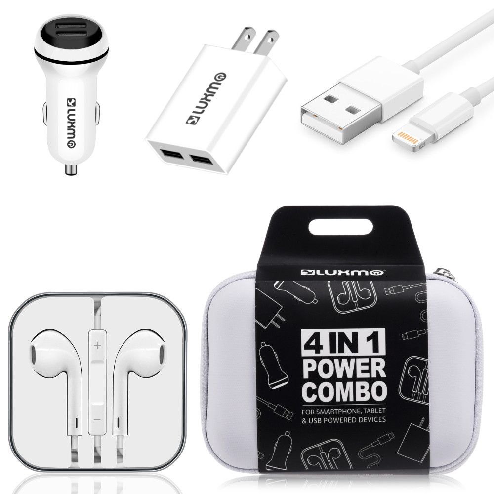 Apple iPhone 6 -  Luxmo Charging Bundle - Includes Car & Home Charger Adapters, Lightning Cable & Headphones, White
