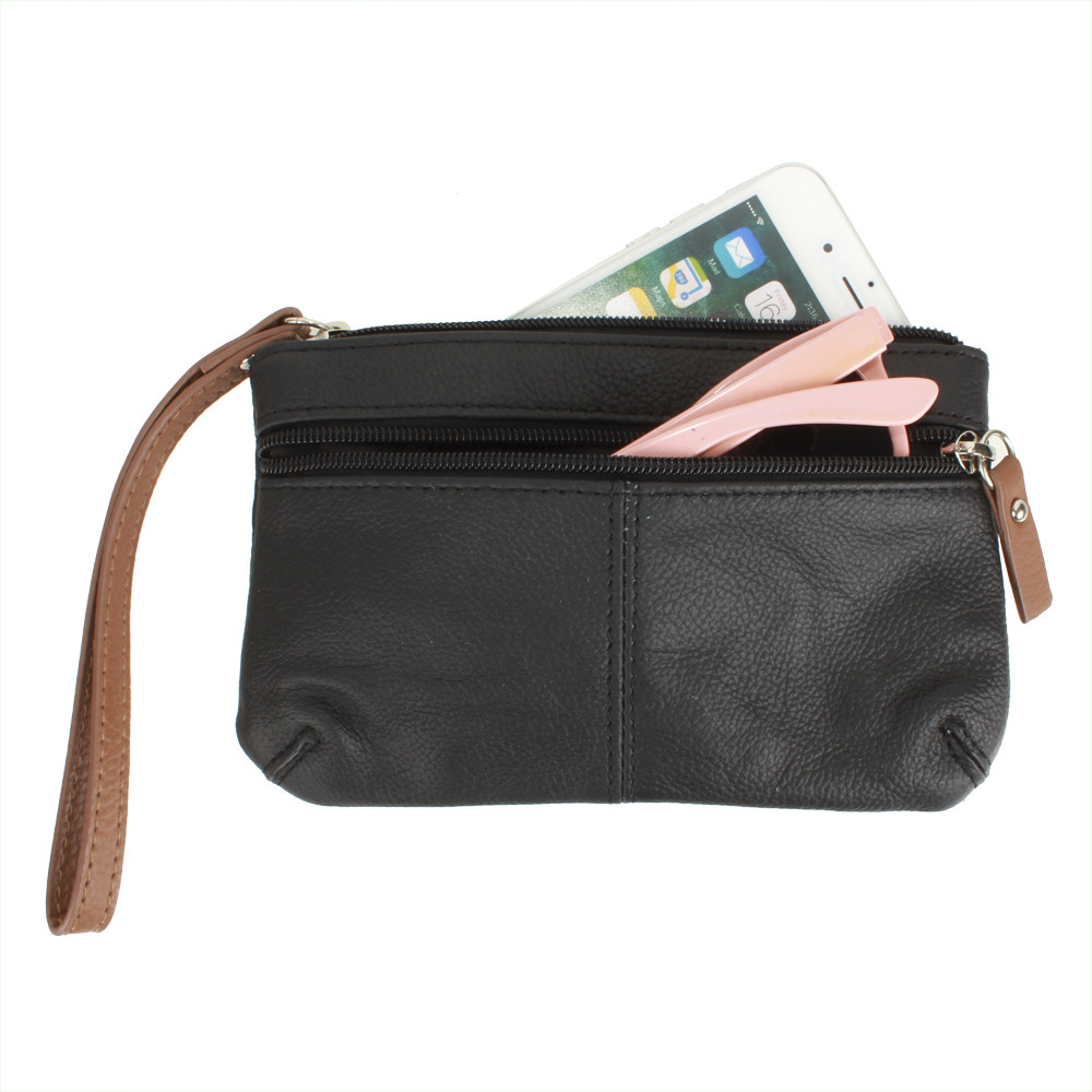 Apple iPhone 6 Plus -  Genuine Leather Hand-Crafted Phone Clutch with Wristlet, Black