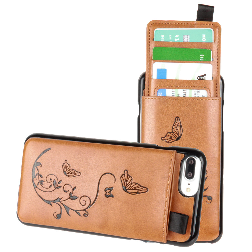Apple iPhone 6 Plus -  Embossed Butterfly Leather Case with Pull-Out Card Slot Organizer, Taupe