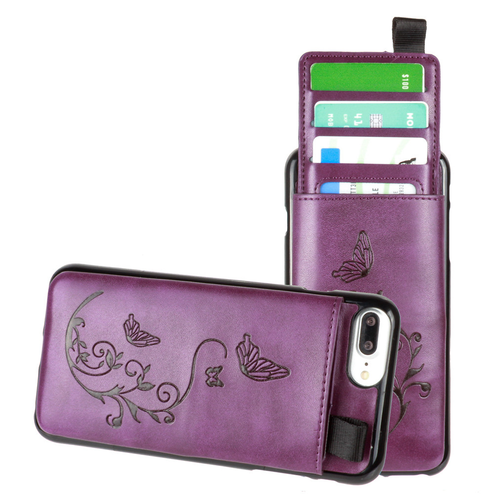 Apple iPhone 6 Plus -  Embossed Butterfly Leather Case with Pull-Out Card Slot Organizer, Purple