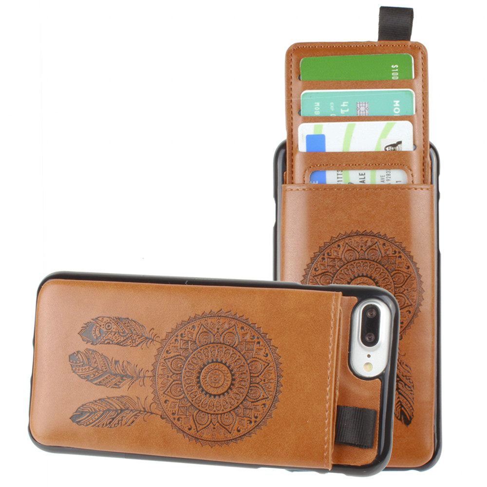 Apple iPhone 6 Plus -  Embossed Dreamcatcher Leather Case with Pull-Out Card Slot Organizer, Taupe
