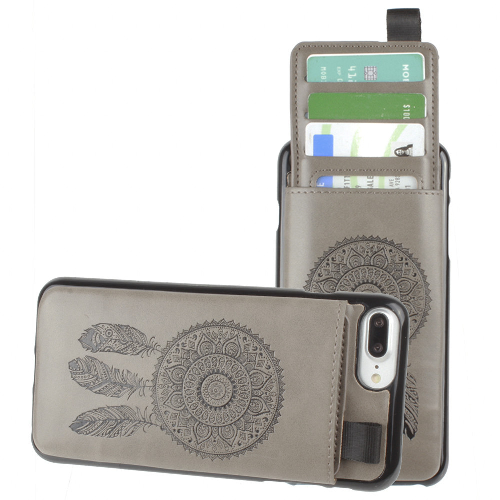 Apple iPhone 6 Plus -  Embossed Dreamcatcher Leather Case with Pull-Out Card Slot Organizer, Gray