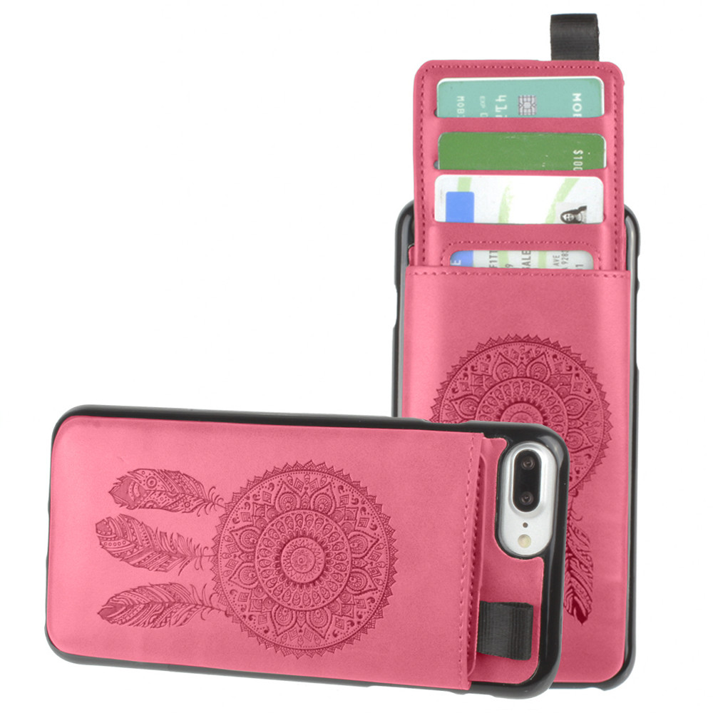 Apple iPhone 6 Plus -  Embossed Dreamcatcher Leather Case with Pull-Out Card Slot Organizer, Hot Pink