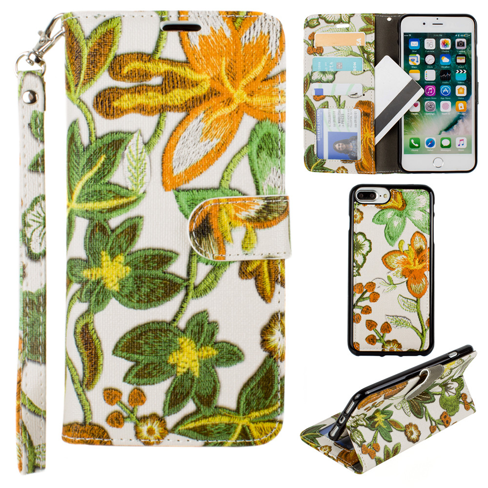 Apple iPhone 6 Plus -  Faux Embroidery Printed Floral Wallet Case with detachable matching slim case and wristlet, Orange/Green