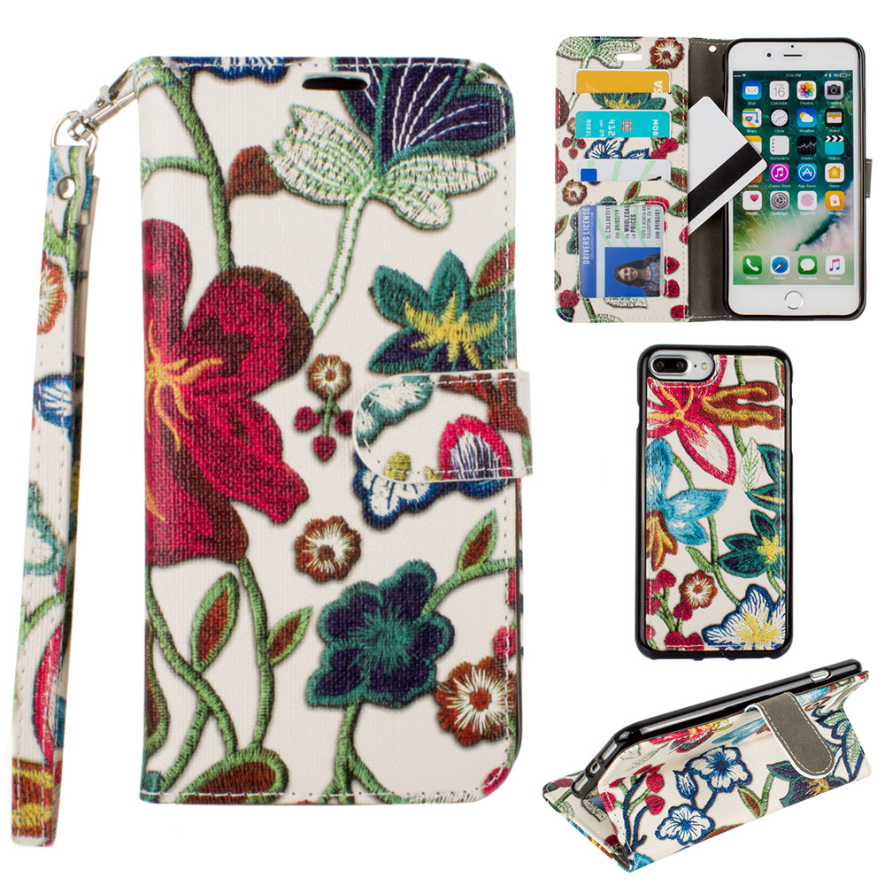 Apple iPhone 6 Plus -  Faux Embroidery Printed Floral Wallet Case with detachable matching slim case and wristlet, Multi-Color