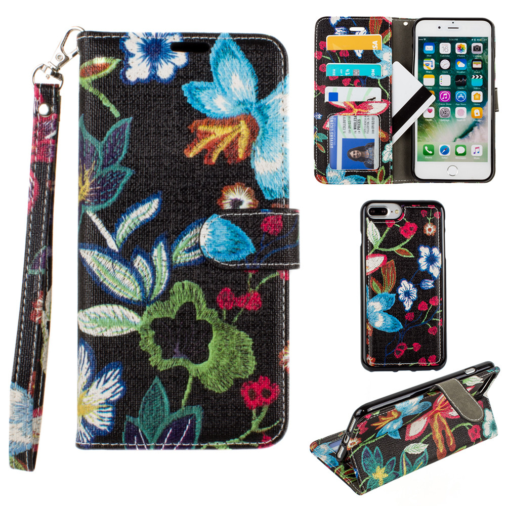 Apple iPhone 6 Plus -  Faux Embroidery Printed Floral Wallet Case with detachable matching slim case and wristlet, Multi-Color/Black