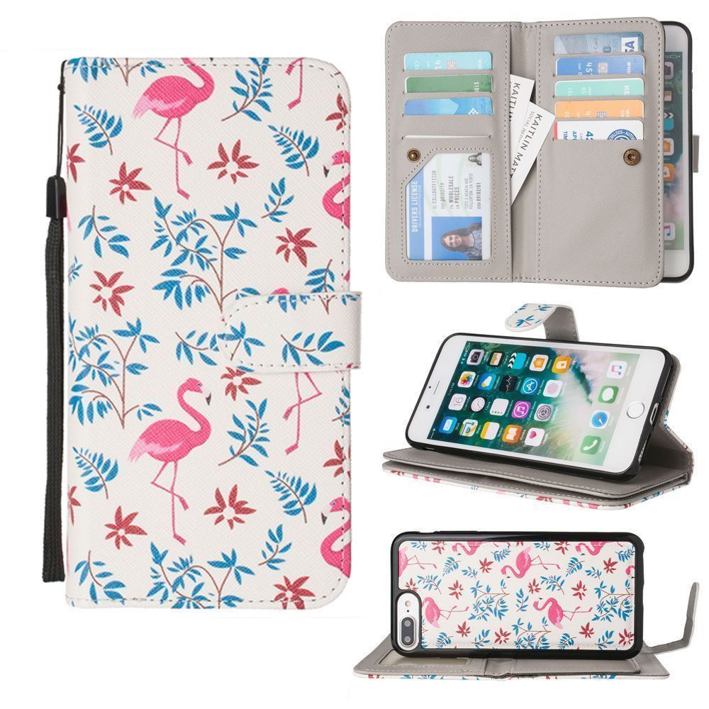 Apple iPhone 6 Plus -  Printed Flamingo Multi-Card Wallet with Matching Detachable Slim Case and Wristlet, Pink/White