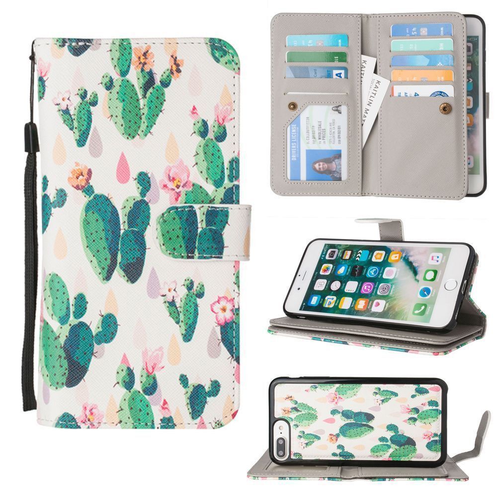 Apple iPhone 6 Plus -  Blooming Cactus Multi-Card Wallet with Matching Detachable Slim Case and Wristlet, Green/White
