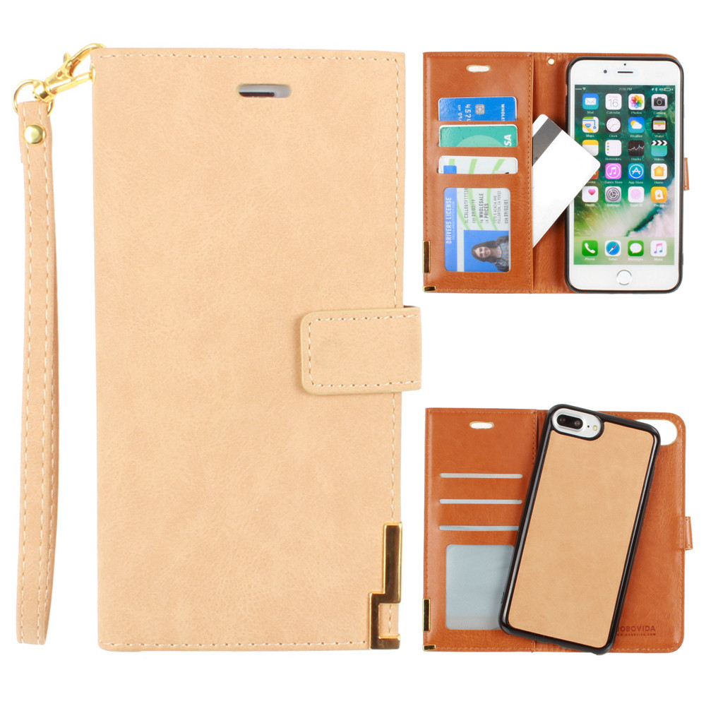 Apple iPhone 6 Plus -  Ultrasuede metal trimmed wallet with removable slim case and  wristlet, Tan