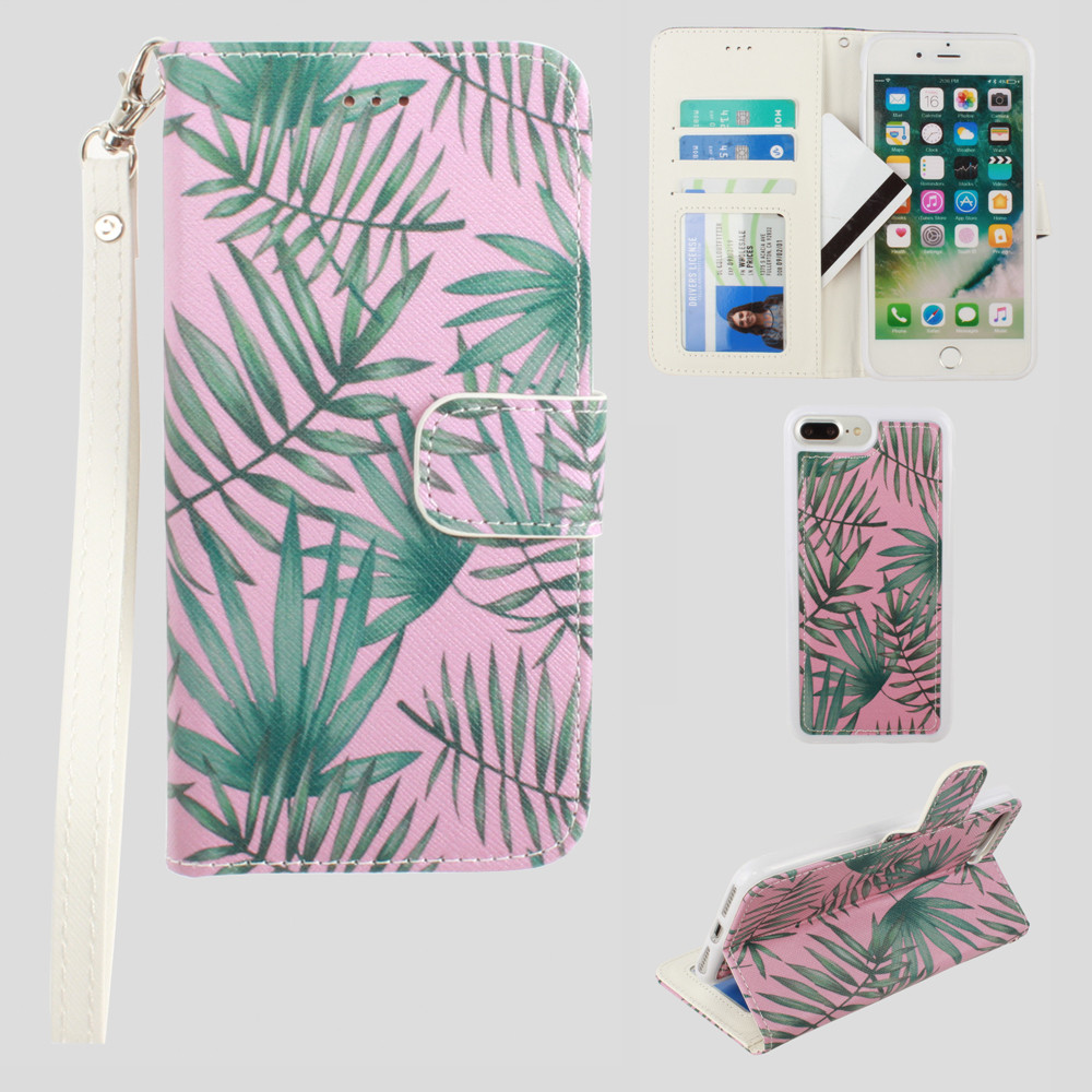 Apple iPhone 6 Plus -  Palm Leaves Printed Wallet with Matching Detachable Slim Case and Wristlet, Pink/Green