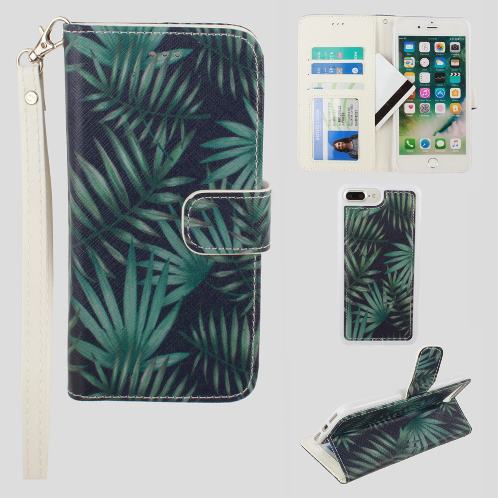 Apple iPhone 6 Plus -  Palm Leaves Printed Wallet with Matching Detachable Slim Case and Wristlet, Navy Blue/Green