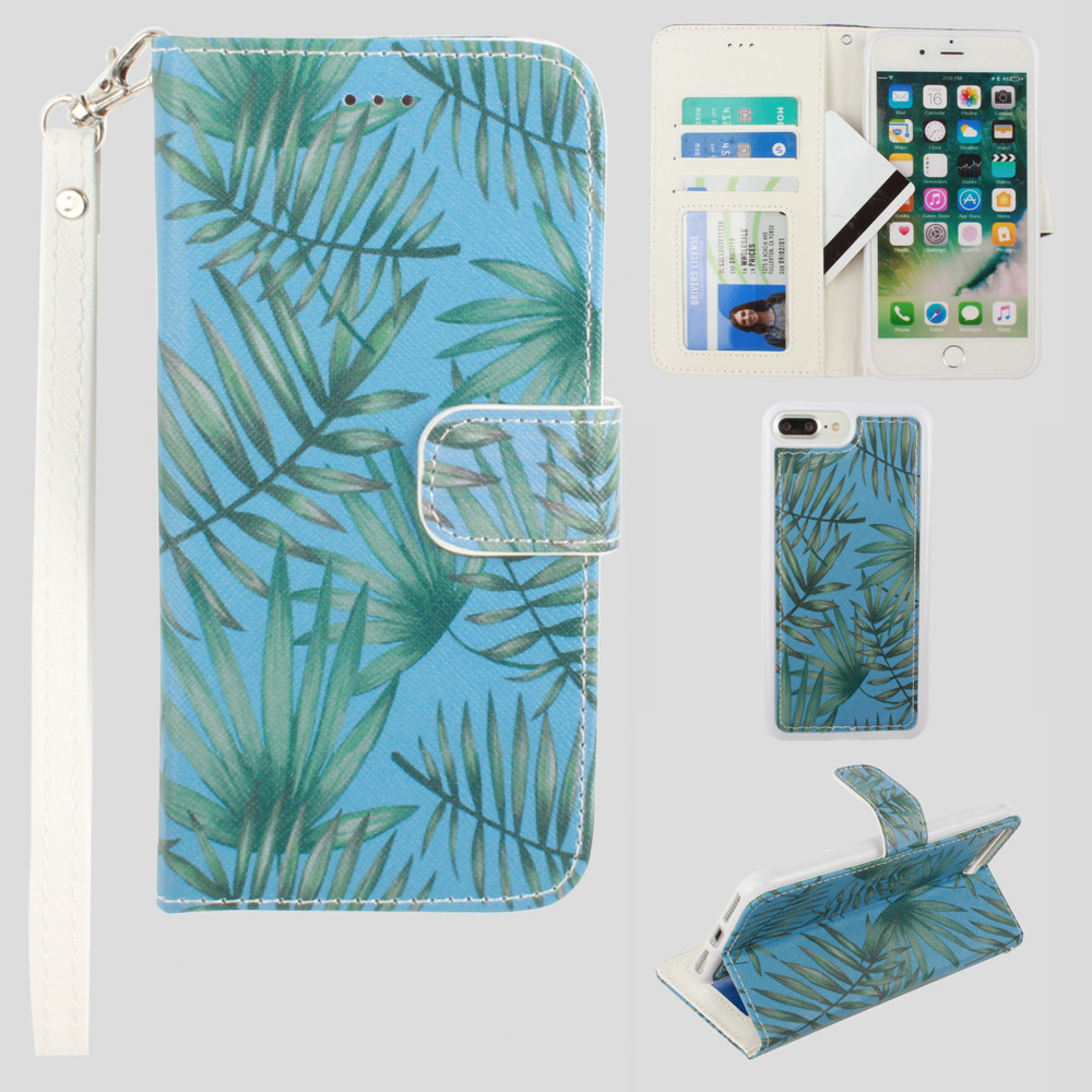 Apple iPhone 6 Plus -  Palm Leaves Printed Wallet with Matching Detachable Slim Case and Wristlet, Light Blue/Green