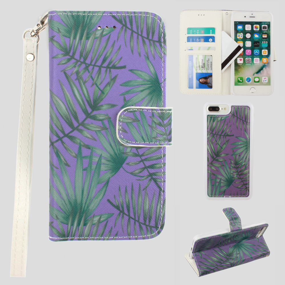 Apple iPhone 6 Plus -  Palm Leaves Printed Wallet with Matching Detachable Slim Case and Wristlet, Purple/Green