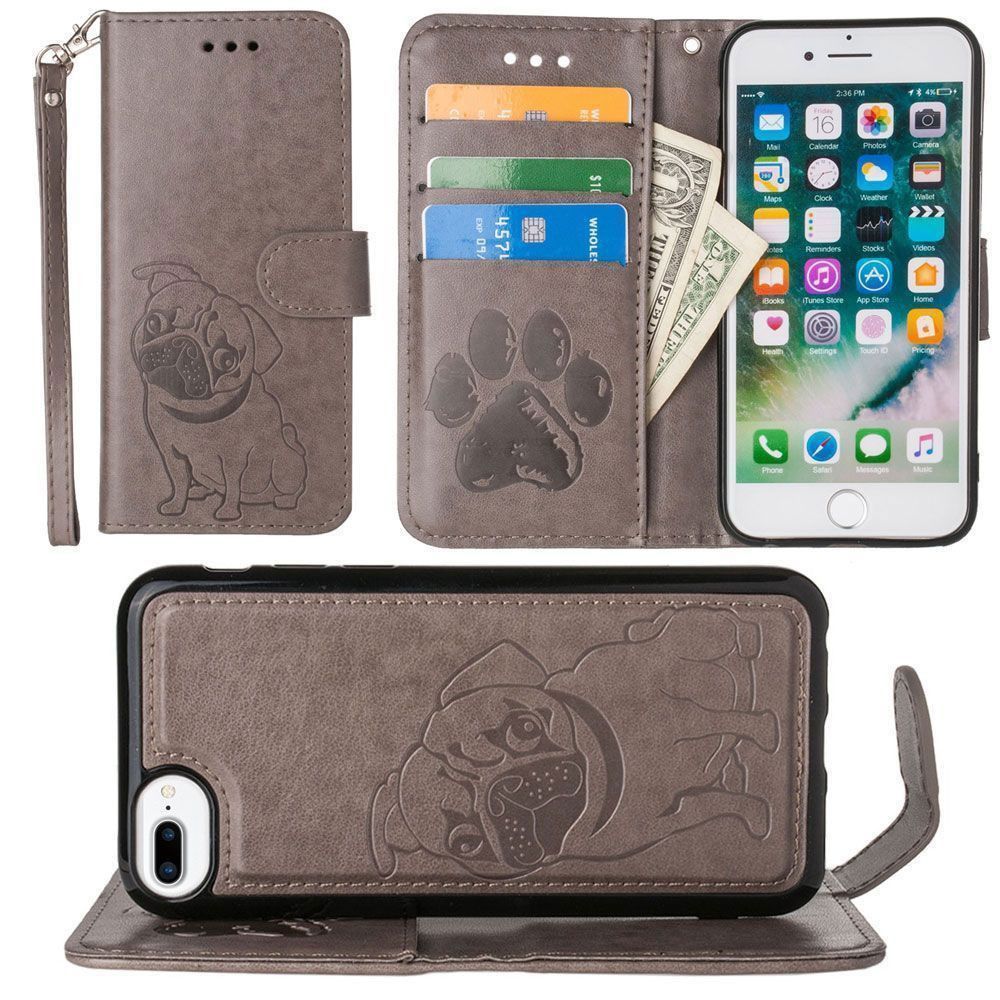 Apple iPhone 6 Plus -  Pug dog debossed wallet with detachable matching slim case and wristlet, Gray