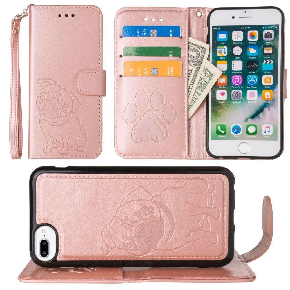 Apple iPhone 6 Plus -  Pug dog debossed wallet with detachable matching slim case and wristlet, Rose Gold