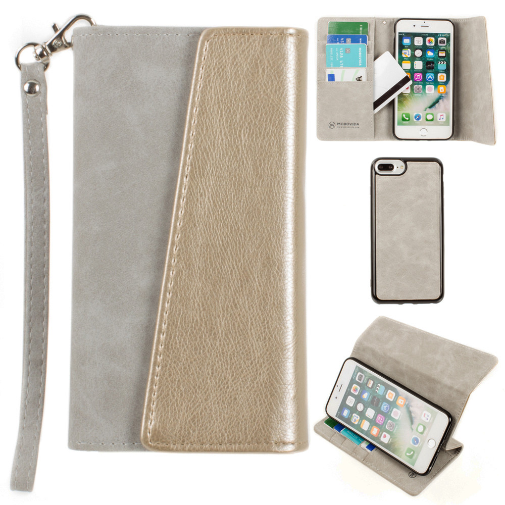 Apple iPhone 6 Plus -  UltraSuede Metallic Color Block Flap Wallet with Matching detachable Case and strap, Gray/Gold