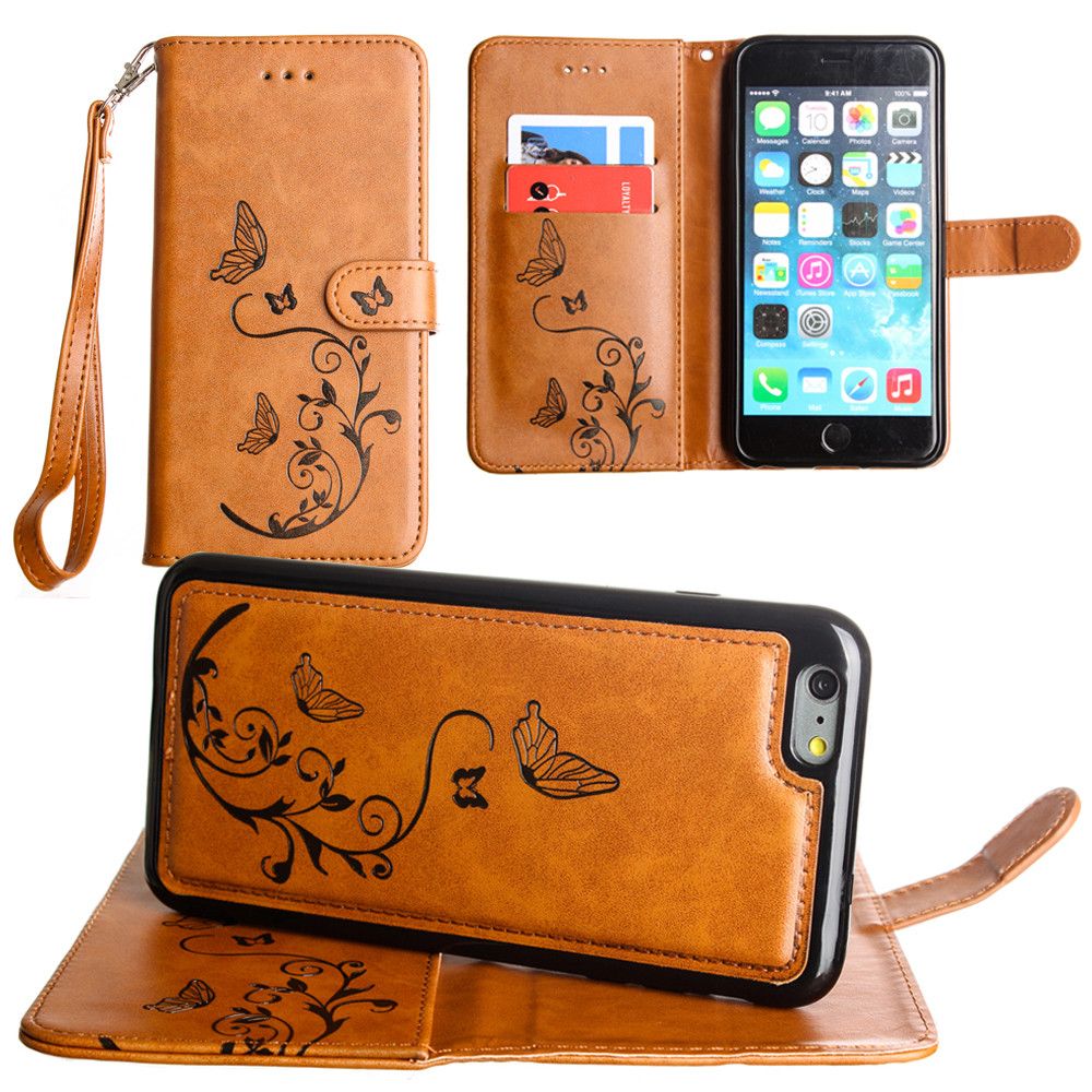 Apple iPhone 6 Plus -  Embossed Butterfly Design Wallet Case with Detachable Matching Case and Wristlet, Brown