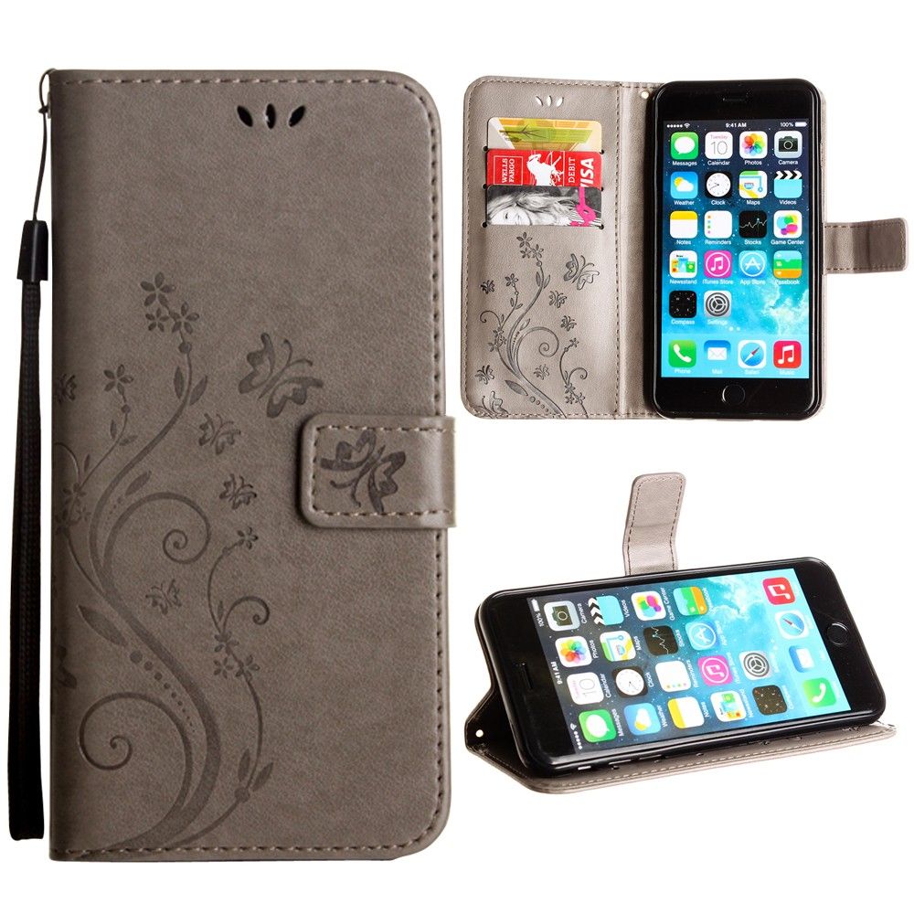 Apple iPhone 6 Plus -  Embossed Butterfly Design Leather Folding Wallet Case with Wristlet, Gray
