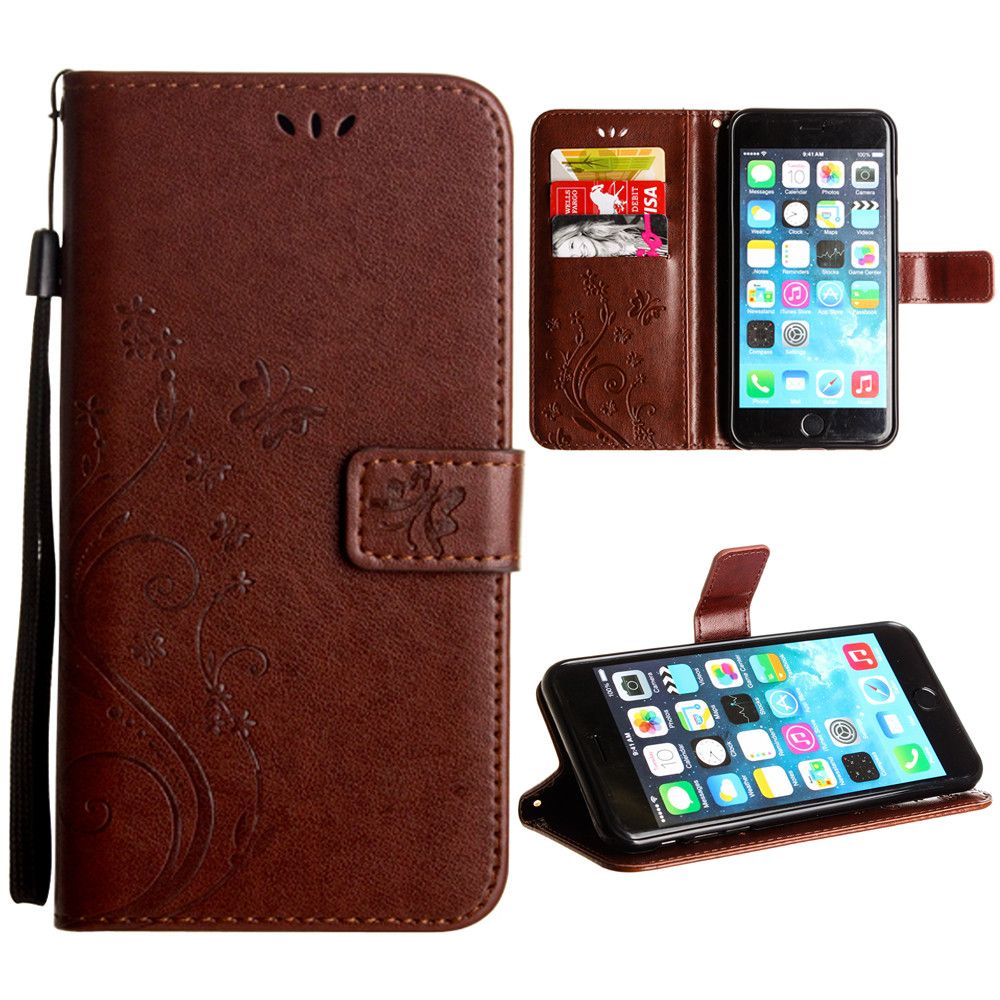 Apple iPhone 6 Plus -  Embossed Butterfly Design Leather Folding Wallet Case with Wristlet, Coffee