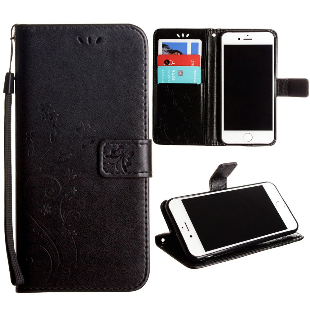 Apple iPhone 6 Plus -  Embossed Butterfly Design Leather Folding Wallet Case with Wristlet, Black