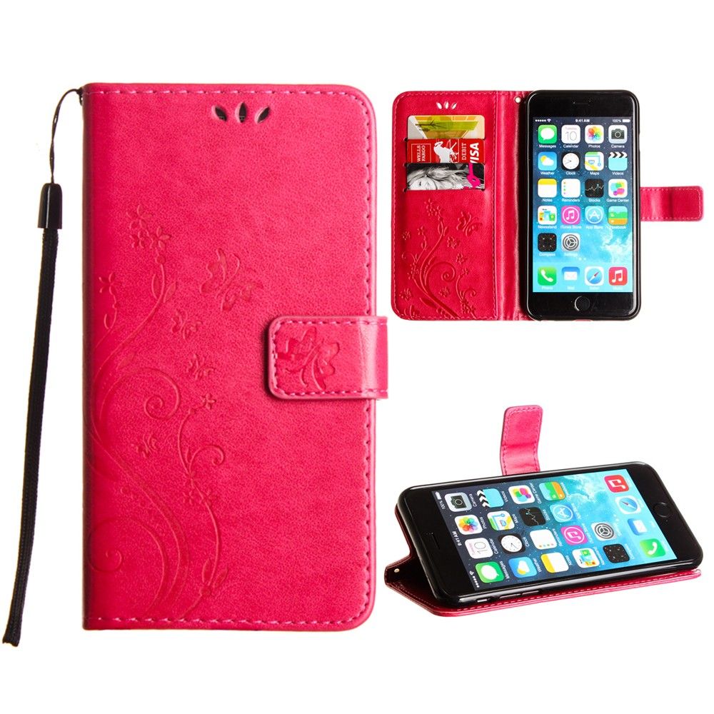Apple iPhone 6 Plus -  Embossed Butterfly Design Leather Folding Wallet Case with Wristlet, Hot Pink