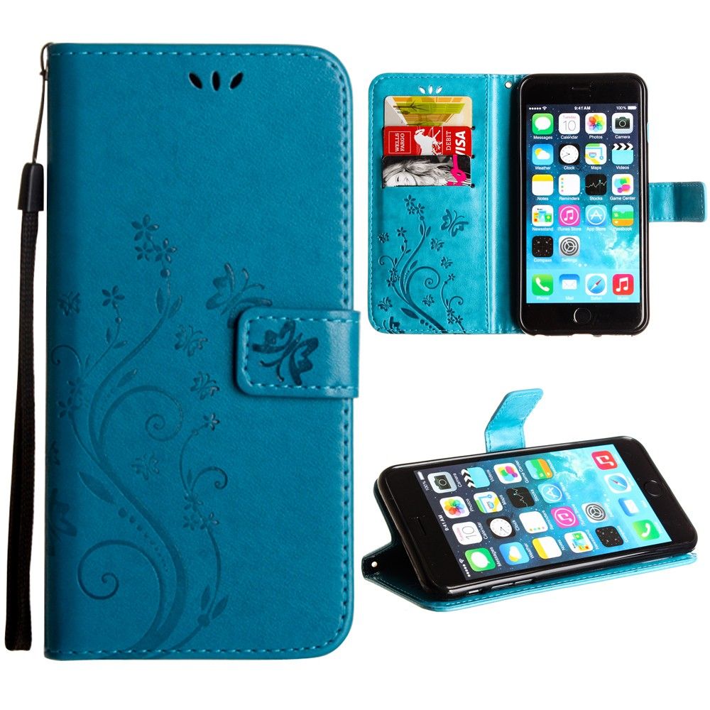 Apple iPhone 6 Plus -  Embossed Butterfly Design Leather Folding Wallet Case with Wristlet, Teal