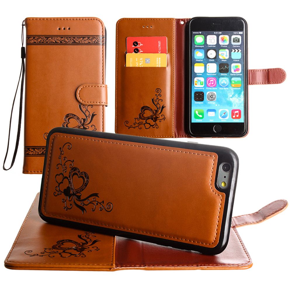 Apple iPhone 6 Plus -  Embossed heart vine design wallet case with detachable matching case, Brown