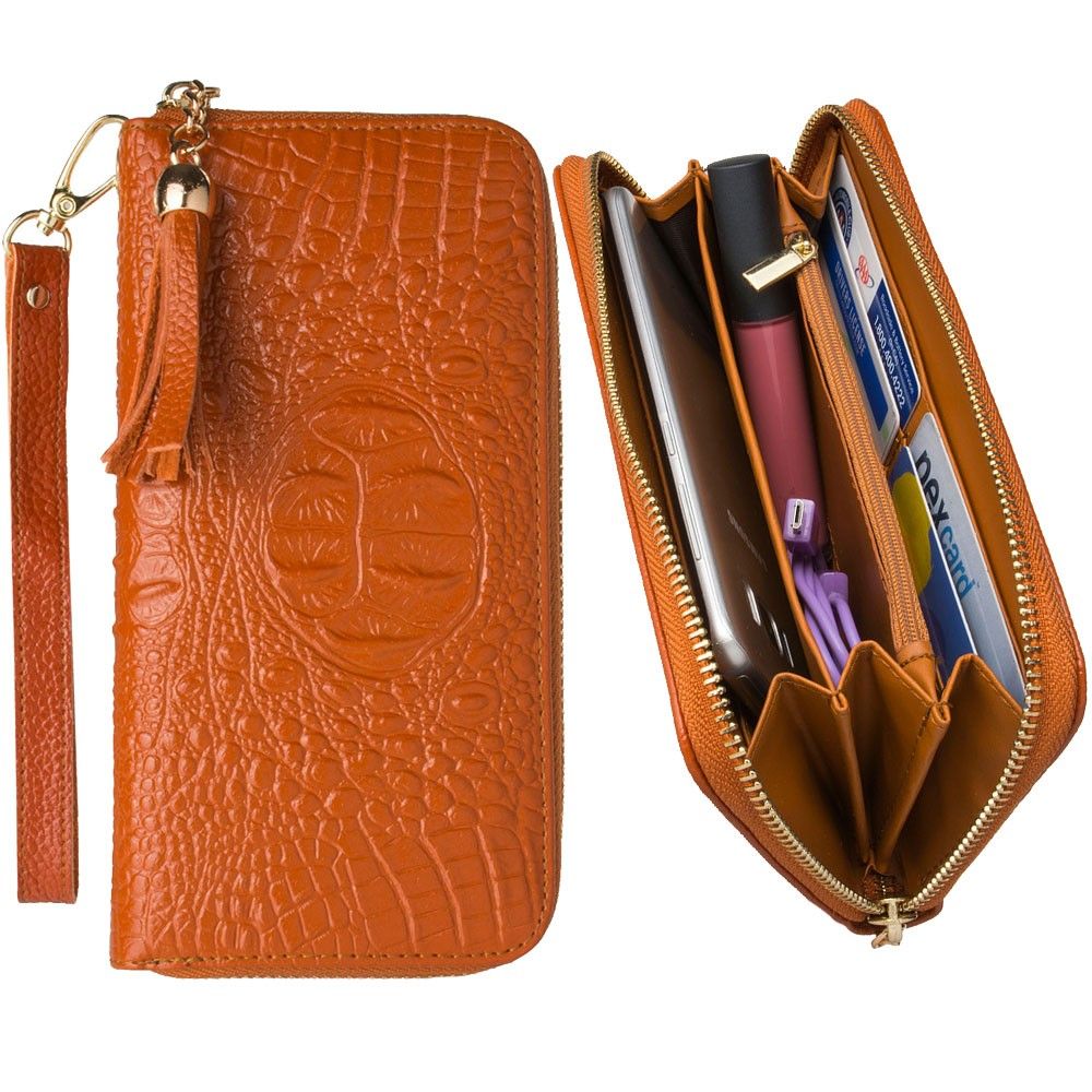 Apple iPhone 6 Plus -  Genuine Leather Hand-Crafted Alligator Clutch Wallet with Tassel, Brown