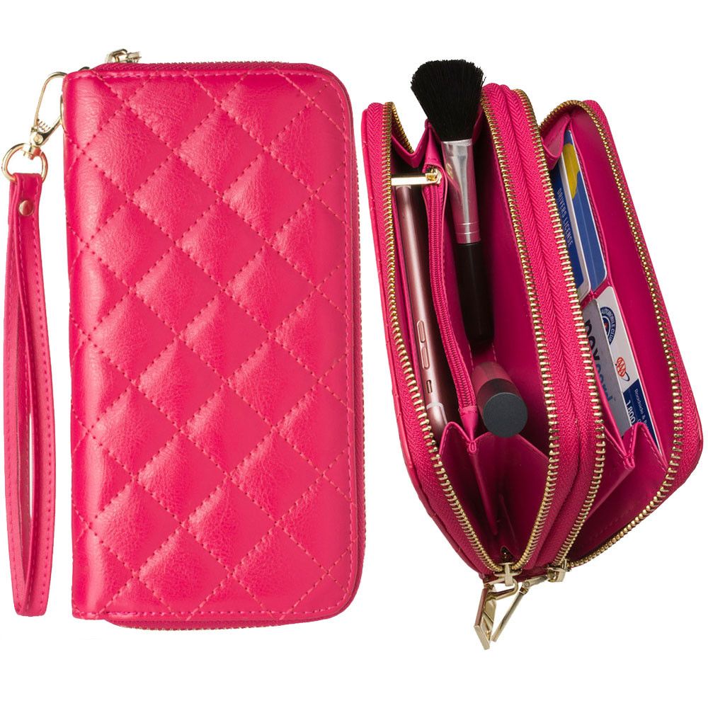 Apple iPhone 6 Plus -  Genuine Leather Hand-Crafted Quilted Double Zipper Clutch Wallet, Hot Pink