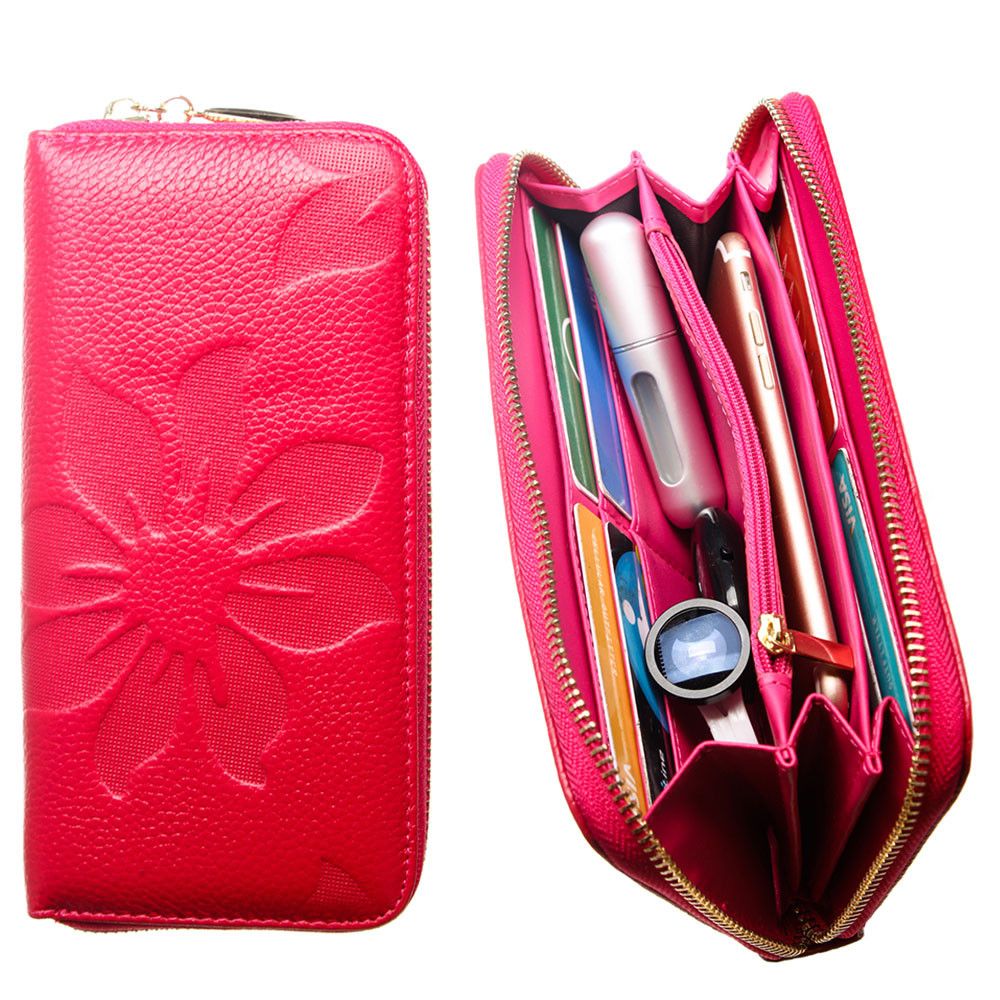 Apple iPhone 6 Plus -  Genuine Leather Embossed Flower Design Clutch, Hot Pink