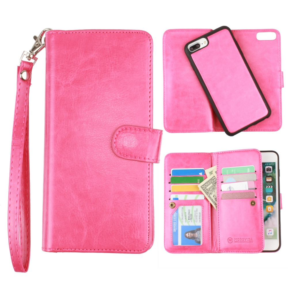 Apple iPhone 6 Plus -  Multi-Card Slot Wallet Case with Matching Detachable Case and Wristlet, Hot Pink