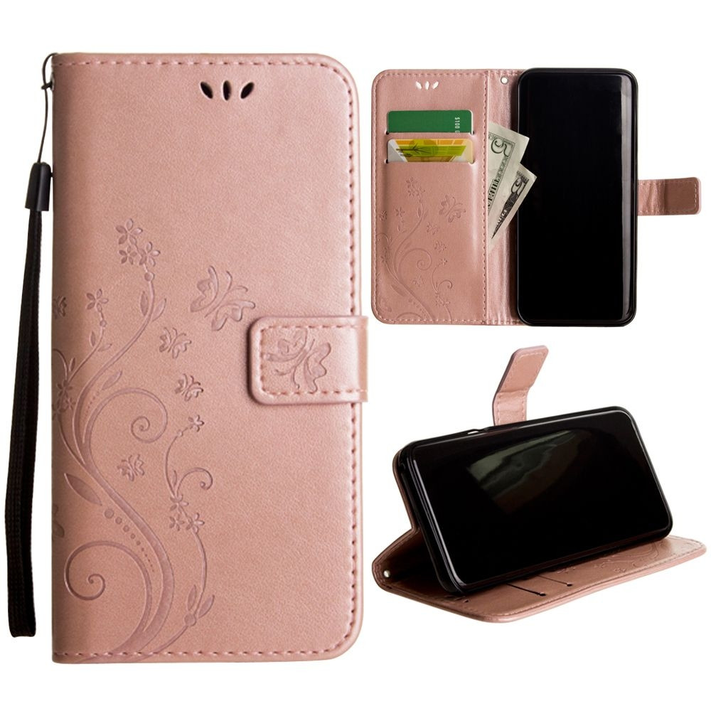 Apple iPhone 6 Plus -  Embossed Butterfly Design Leather Folding Wallet Case with Wristlet, Rose Gold